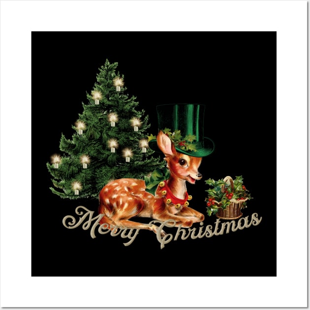 Merry Christmas, cute little fawn with hat and christmas tree Wall Art by Nicky2342